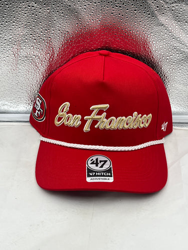 San Francisco 49ers NFL '47 Brand Red Script Hitch Rope Snapback Adjustable Hat showcasing bold red color and iconic script logo.
