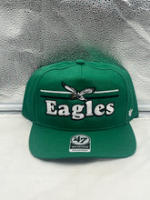 Load image into Gallery viewer, Philadelphia Eagles NFL &#39;47 Throwback Green Script Hitch Snapback Adjustable Hat displayed from the front, showcasing the vibrant green color and iconic Eagles script logo.
