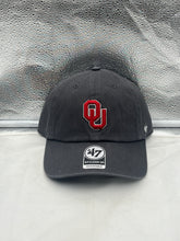 Load image into Gallery viewer, Oklahoma Sooners NCAA &#39;47 Brand Gray Clean Up Adjustable Strapback Hat showcasing the team&#39;s logo and adjustable strap for a comfortable fit, perfect for game day and casual wear.
