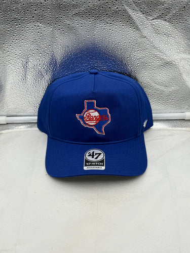 Texas Rangers MLB '47 Brand Throwback Blue Hitch Adjustable Snapback Hat, a vintage-style Texas Rangers hat featuring a blue design and adjustable fit.