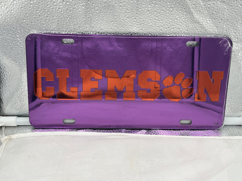 Clemson Tigers NCAA Purple Mirrored Laser Cut License Plate from Craftique showcasing iconic team logo and vibrant purple color, perfect for car or home decor.