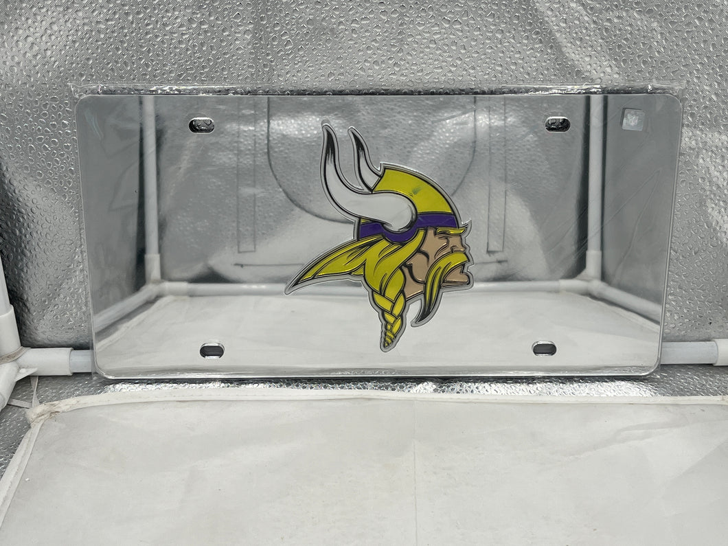Minnesota Vikings NFL Silver Reflective Lasercut License Plate by WinCraft, featuring a bold team logo for stylish vehicle display and maximum visibility.