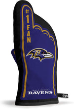 Load image into Gallery viewer, Close-up of the Baltimore Ravens NFL #1 Oven Mitt by You the Fan, highlighting its durable fabric and heat-resistant features for safe cooking.
