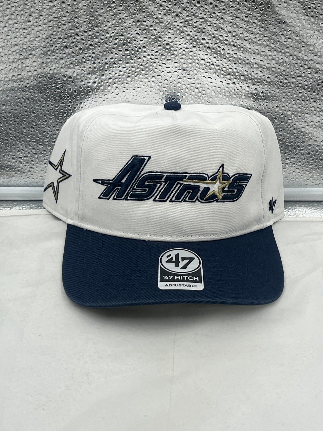 Houston Astros MLB '47 Brand White TT Script Hitch Adjustable Snapback Hat displayed on a white background, showing the iconic script logo.