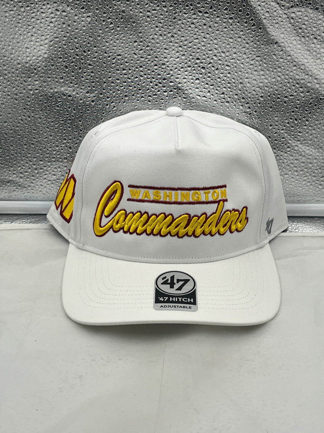 Washington Commanders NFL '47 Brand White Hitch Snapback Adjustable Hat front view showcasing the bold team logo.