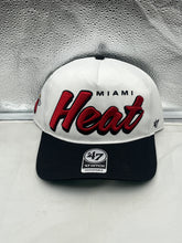Load image into Gallery viewer, Miami Heat NBA &#39;47 Brand White Two Tone Script Hitch Adjustable Snapback Hat front view showcasing the sleek design and iconic logo.
