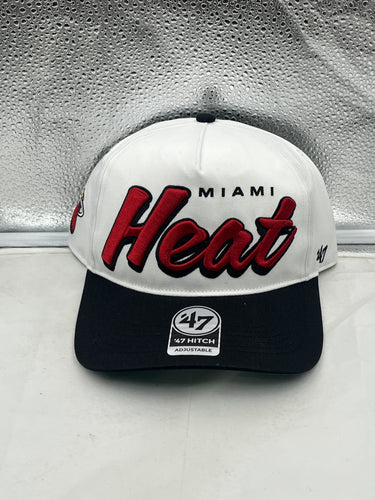 Miami Heat NBA '47 Brand White Two Tone Script Hitch Adjustable Snapback Hat front view showcasing the sleek design and iconic logo.