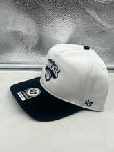 Load image into Gallery viewer, Close-up of the New York Knicks NBA &#39;47 Brand White Two Tone Hitch Adjustable Snapback Hat featuring the bold Knicks logo on the front.
