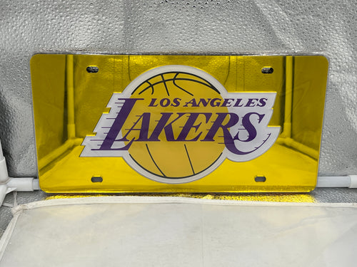 Los Angeles Lakers NBA Yellow Reflective Lasercut License Plate from Wincraft showcasing vibrant yellow color and detailed design, perfect for Lakers fans.