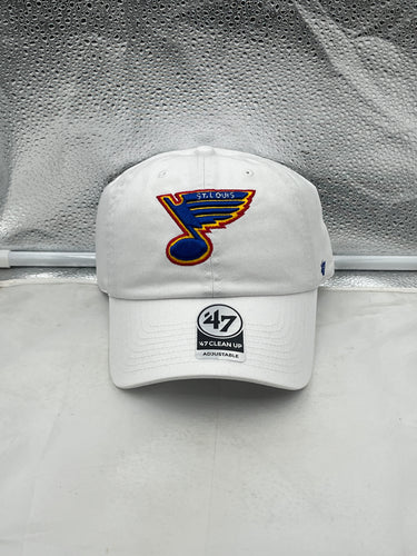 St Louis Blues NHL '47 Brand Throwback White Clean Up Adjustable Strapback Hat showcasing vintage team logo and adjustable strap design for comfortable fit.