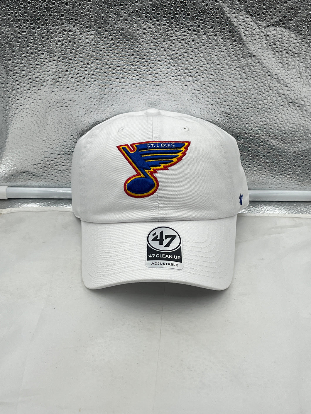 St Louis Blues NHL '47 Brand Throwback White Clean Up Adjustable Strapback Hat showcasing vintage team logo and adjustable strap design for comfortable fit.