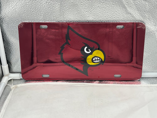 Louisville Cardinals NCAA Red Mirrored Laser Cut License Plate by Craftique showcasing the vibrant reflective red finish and iconic Cardinals logo, perfect for displaying team pride on vehicles.