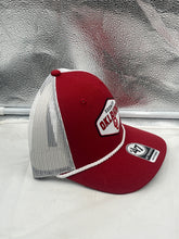Load image into Gallery viewer, Trendy Oklahoma Sooners NCAA &#39;47 Brand Red Mesh Trucker Rope Adjustable Snapback Hat ideal for game days, tailgating, or casual outings.
