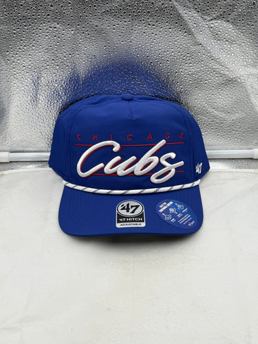 Chicago Cubs MLB '47 Brand Blue Script Hitch Rope Adjustable Snapback Hat featuring a stylish blue color and classic script logo, perfect for showing your team spirit.