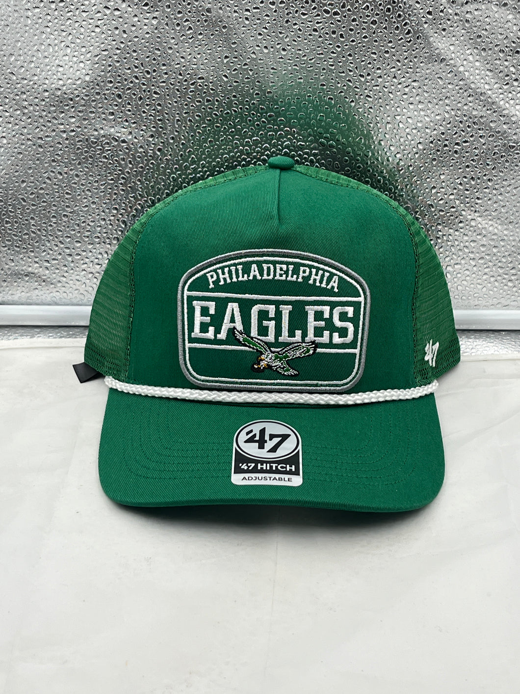 Philadelphia Eagles NFL '47 Brand Green Hitch Mesh Rope Snapback Adjustable Hat showcasing the iconic Eagles logo on the front, perfect for dedicated fans.
