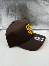 Load image into Gallery viewer, Top view of the San Diego Padres MLB &#39;47 Brand Brown Hitch Adjustable Snapback Hat, emphasizing the quality material and craftsmanship, an essential San Diego Padres hat for true fans.
