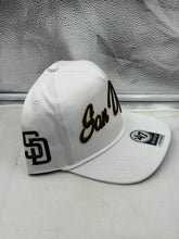 Load image into Gallery viewer, Back view of the San Diego Padres MLB &#39;47 Brand White Script Rope Hitch Adjustable Snapback Hat highlighting the rope design and adjustable strap for fans who love a stylish San Diego Padres hat.
