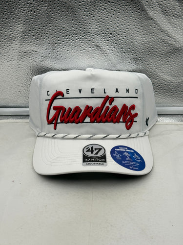 Cleveland Guardians MLB '47 Brand White Script Hitch Rope Adjustable Snapback Hat - Stylish Cleveland Guardians hat for fans.