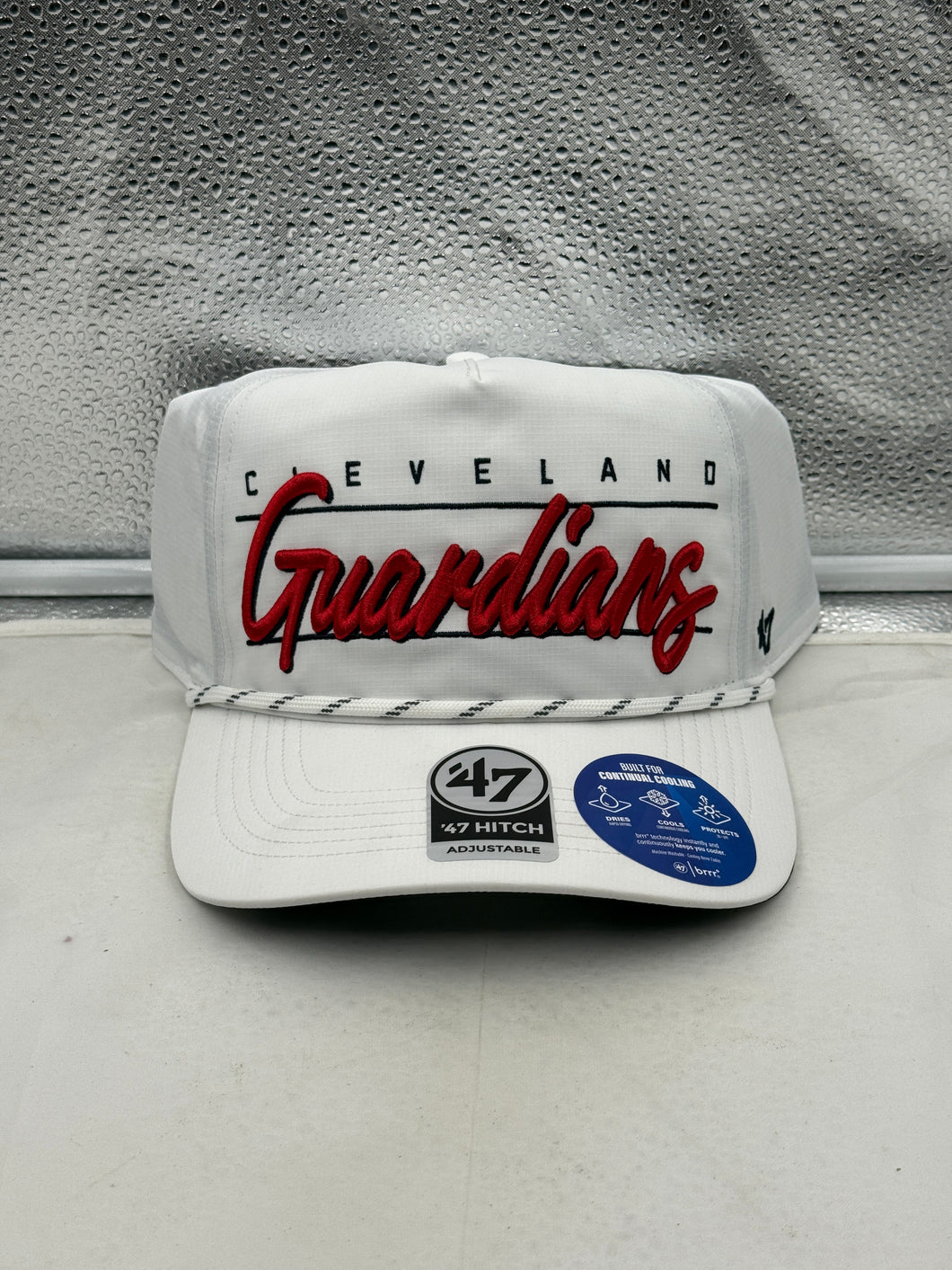 Cleveland Guardians MLB '47 Brand White Script Hitch Rope Adjustable Snapback Hat - Stylish Cleveland Guardians hat for fans.