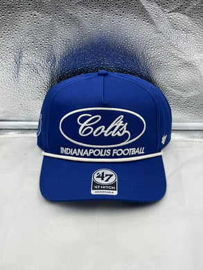 Indianapolis Colts NFL '47 Brand Blue Hitch Rope Snapback Adjustable Hat showcasing team spirit with a classic design and adjustable fit, perfect for fans supporting their favorite NFL team.