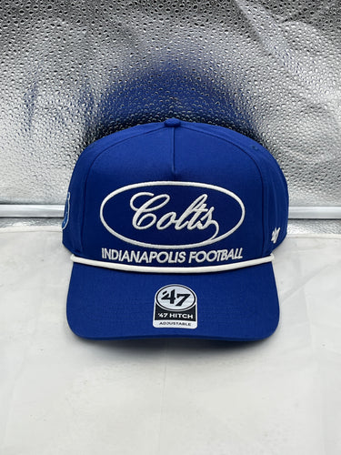Indianapolis Colts NFL '47 Brand Blue Hitch Rope Snapback Adjustable Hat showcasing team spirit with a classic design and adjustable fit, perfect for fans supporting their favorite NFL team.