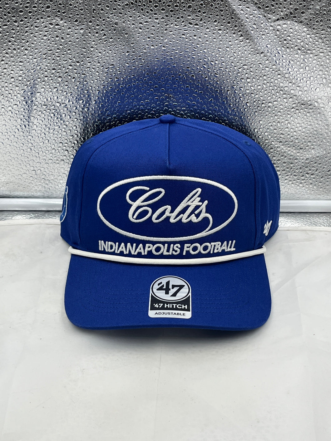 Indianapolis Colts NFL '47 Brand Blue Hitch Rope Snapback Adjustable Hat showcasing team spirit with a classic design and adjustable fit, perfect for fans supporting their favorite NFL team.