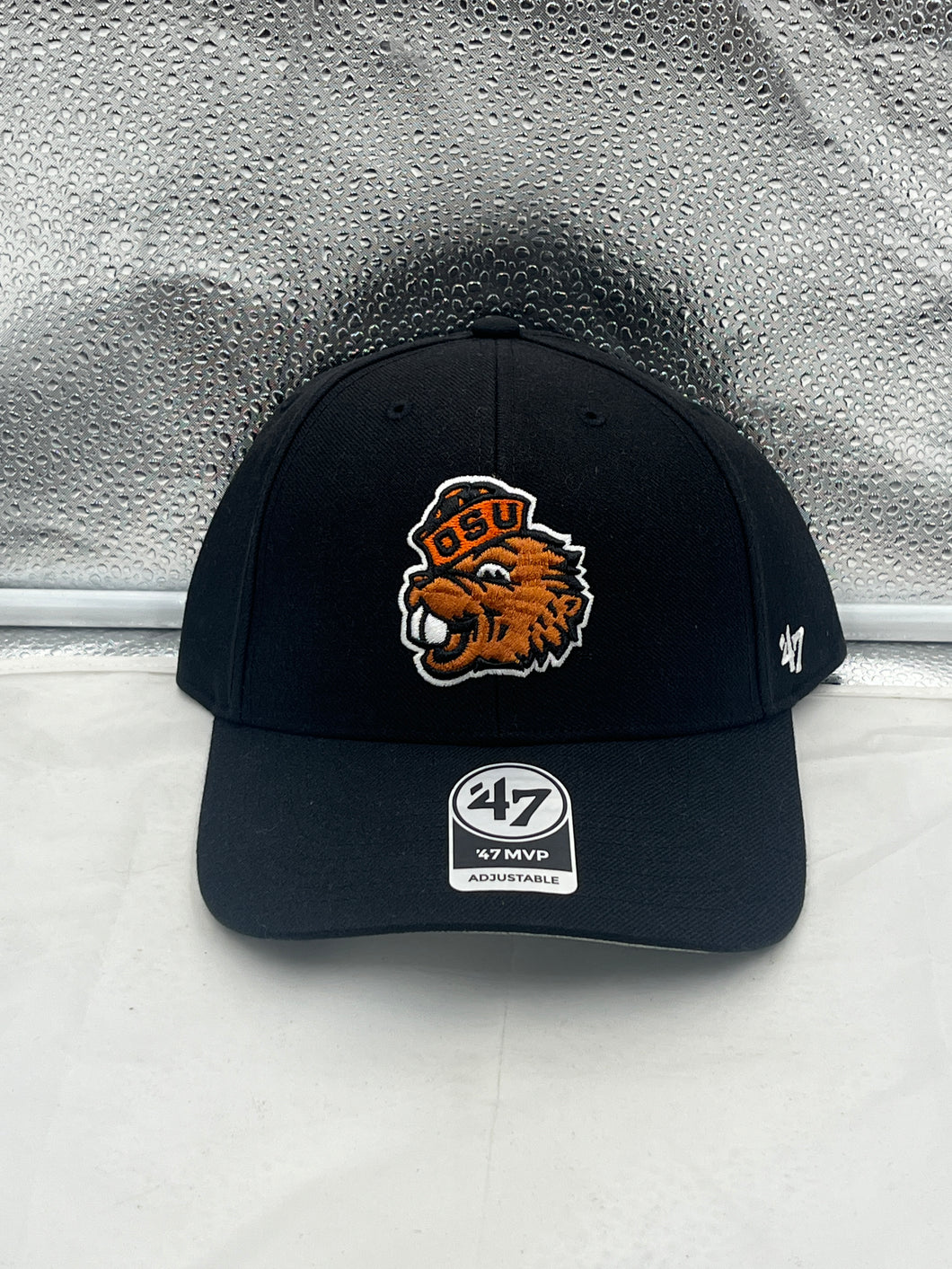 Oregon State Beavers NCAA '47 Brand Throwback Black MVP Adjustable Hat displayed on a neutral background, showcasing its stylish design and adjustable strap.