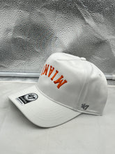 Load image into Gallery viewer, Close-up view of the Miami Hurricanes NCAA &#39;47 White Reversed Hitch Script Adjustable Snapback Hat highlighting the adjustable snapback feature and quality materials.
