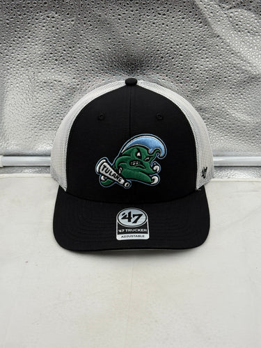 Tulane Green Wave NCAA '47 Brand Black Trucker Mesh Adjustable Snapback Hat featuring a stylish design, perfect for fans of the Tulane Green Wave hat.