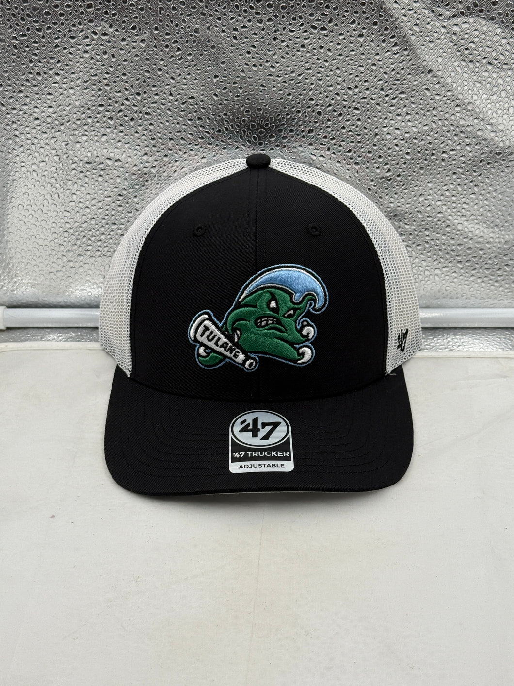 Tulane Green Wave NCAA '47 Brand Black Trucker Mesh Adjustable Snapback Hat featuring a stylish design, perfect for fans of the Tulane Green Wave hat.