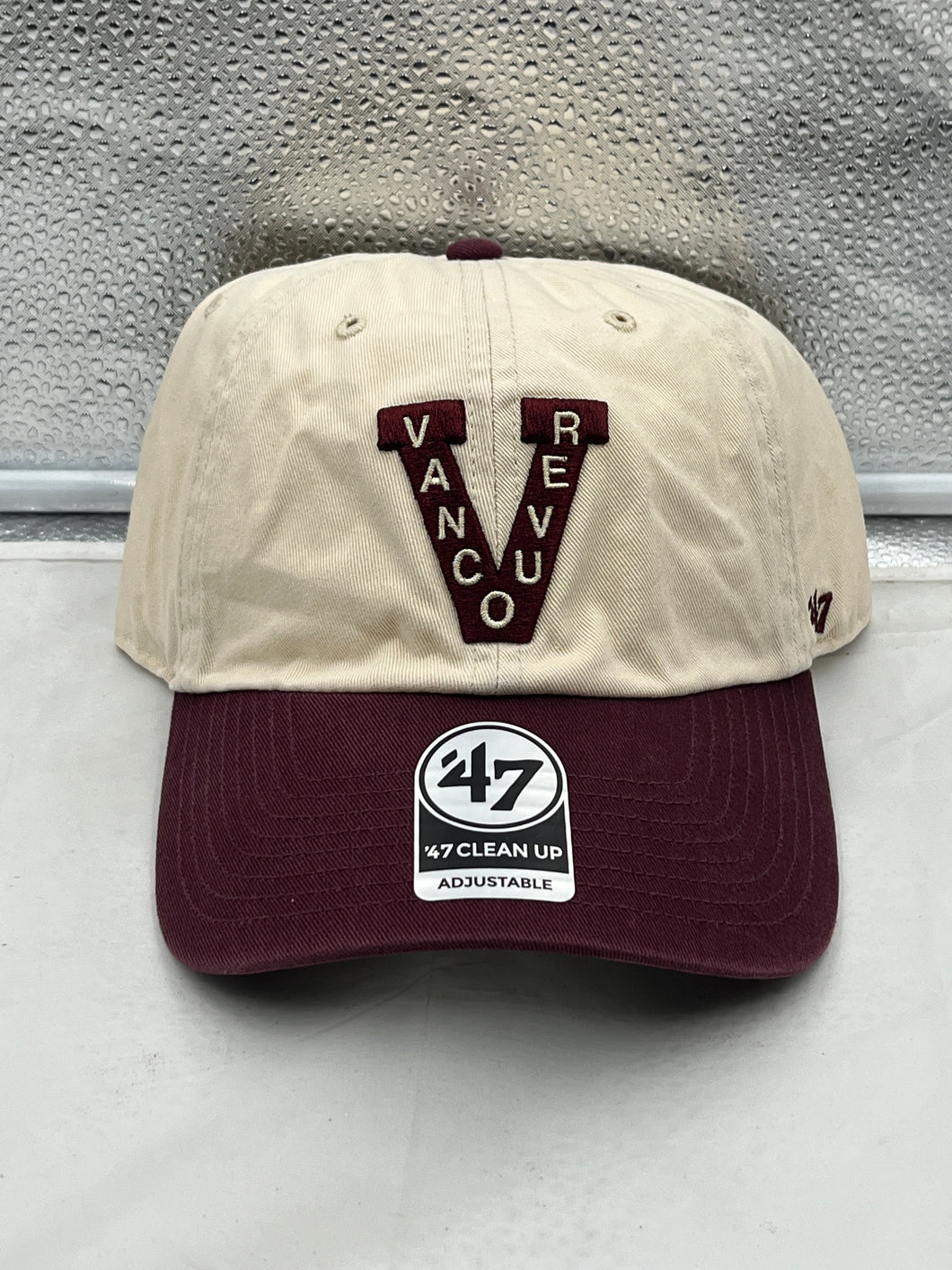 Vancouver Canucks NHL '47 Brand Throwback Clean Up Tan Two Tone Adjustable Hat featuring a retro design and team logo, perfect for game day or casual outings.