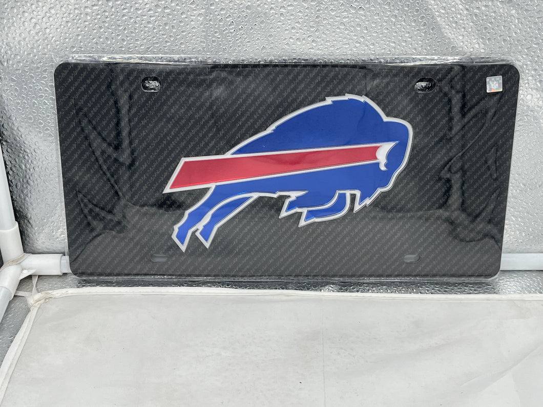 Buffalo Bills NFL Black Acrylic Lasercut License Plate by WinCraft showcasing the team's logo, perfect for displaying team pride on your vehicle.