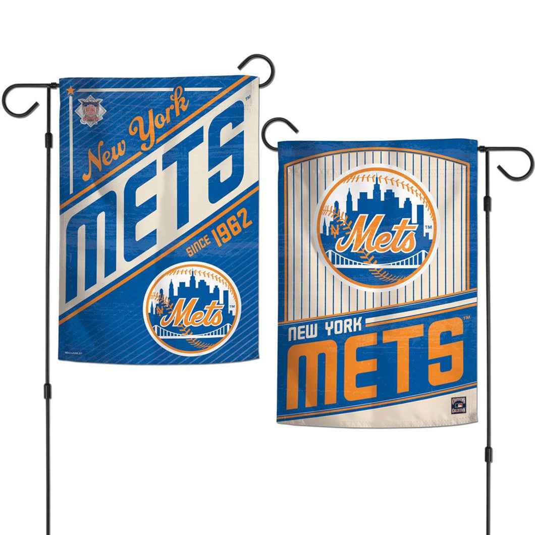 New York Mets MLB Throwback Double Sided Garden Flag featuring vibrant team colors and vintage graphics, measuring 12 inches by 18 inches, perfect for yard decoration or showing team pride.