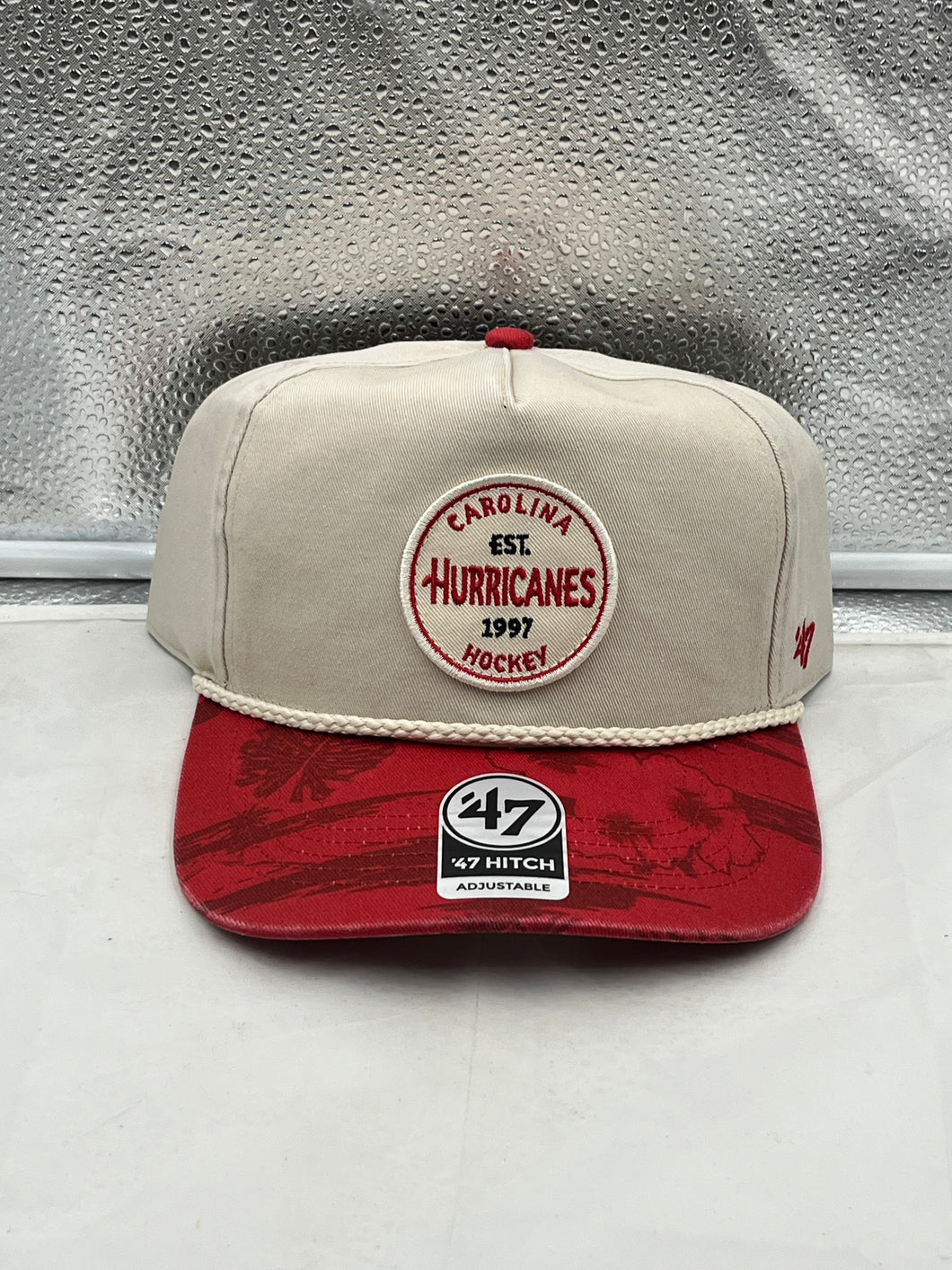Carolina Hurricanes NHL '47 Tan TT Fiji Hitch Adjustable Snapback Hat showcasing its stylish tan design and classic team logo, perfect for fans.