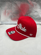 Load image into Gallery viewer, Ohio State Buckeyes NCAA &#39;47 Brand Red Hitch Script Rope Adjustable Snapback Hat on display against a white background, featuring bold scripted Buckeyes logo.

