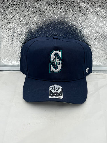 Seattle Mariners MLB '47 Brand Navy Blue Hitch Adjustable Snapback Hat showcasing the iconic Mariners logo and stylish design.