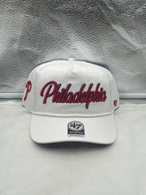 Load image into Gallery viewer, Philadelphia Phillies MLB &#39;47 White Script Hitch Rope Adjustable Snapback Hat showcasing its trendy rope design and bold team logo.
