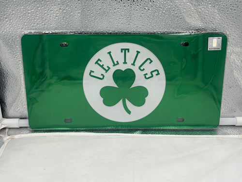 Boston Celtics NBA Green Acrylic Lasercut License Plate by WinCraft showcasing team colors and logo, perfect for fans and automobile decor.
