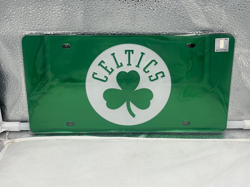 Boston Celtics NBA Green Acrylic Lasercut License Plate by WinCraft showcasing team colors and logo, perfect for fans and automobile decor.