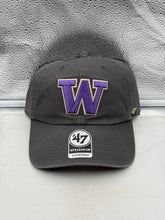 Load image into Gallery viewer, Washington Huskies NCAA '47 Brand Gray Clean Up Adjustable Strapback Hat displayed on a mannequin showcasing the iconic team logo and classic design.
