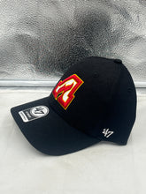Load image into Gallery viewer, Side view of the Atlanta Flames NHL &#39;47 Brand Throwback Black MVP Adjustable Hat featuring the adjustable strap for a comfortable fit.
