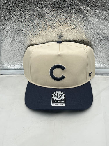 Chicago Cubs MLB '47 Brand Natural Two Tone Hitch Adjustable Snapback Hat front view showing team logo and stylish design.