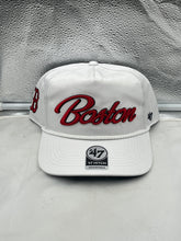 Load image into Gallery viewer, Boston Red Sox MLB &#39;47 Brand White Script Rope Hitch Adjustable Snapback Hat featuring a stylish design with a rope detail, perfect for fans showing team pride.
