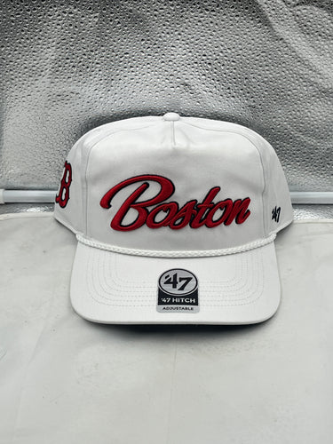 Boston Red Sox MLB '47 Brand White Script Rope Hitch Adjustable Snapback Hat featuring a stylish design with a rope detail, perfect for fans showing team pride.