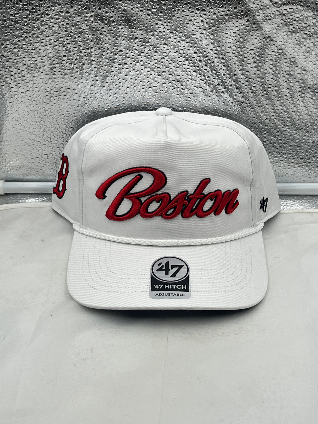 Boston Red Sox MLB '47 Brand White Script Rope Hitch Adjustable Snapback Hat featuring a stylish design with a rope detail, perfect for fans showing team pride.