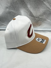 Load image into Gallery viewer, Close-up of the Cleveland Cavaliers NBA &#39;47 Brand White Two Tone Hitch Adjustable Snapback Hat featuring the iconic team logo.
