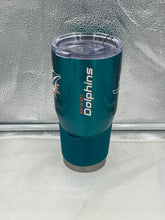 Load image into Gallery viewer, Close-up view of the Miami Dolphins NFL 30oz Teal Tumbler Cup Mug featuring high-quality stainless steel design, premium insulation, and spill-resistant lid.
