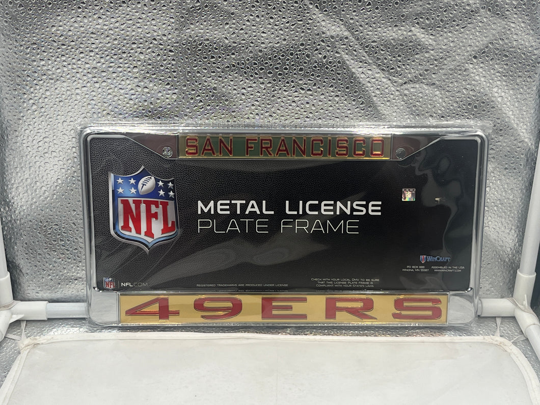 San Francisco 49ers NFL Laser Cut License Plate Frame by WinCraft showcasing the iconic team logo and name, perfect for displaying team pride on your vehicle.