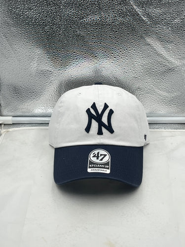 New York Yankees MLB '47 Brand Natural White Two Tone Clean Up Adjustable Hat showcasing a stylish two-tone design in natural white and team colors, perfect for game day and casual outings.