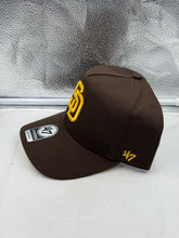 Load image into Gallery viewer, Side view of the San Diego Padres MLB &#39;47 Brand Brown Hitch Adjustable Snapback Hat, highlighting the sleek design and adjustable snapback feature for a customized fit, a must-have San Diego Padres hat.
